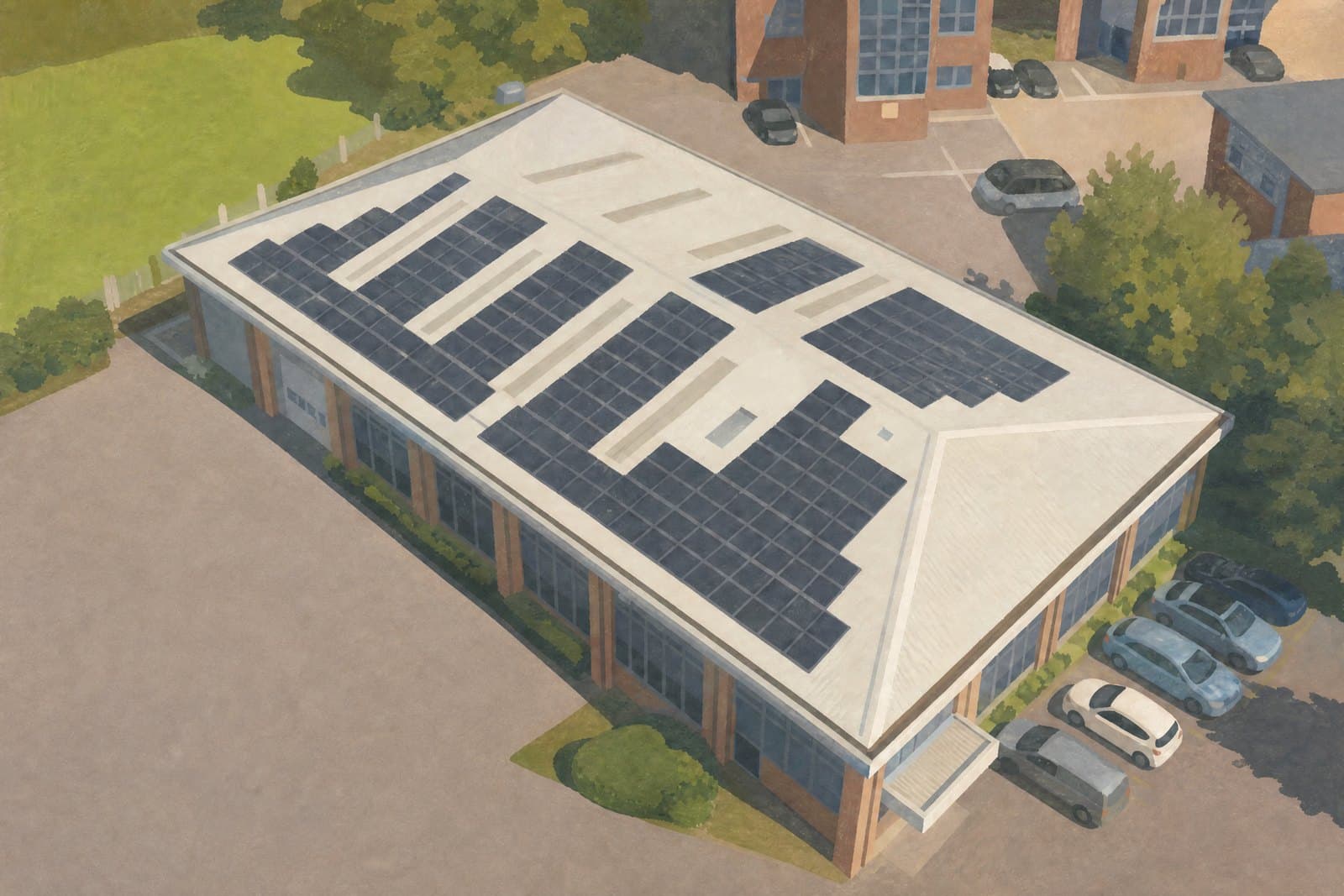 An illustrated aerial view of a commercial building in the UK with its roof covered in solar panels.